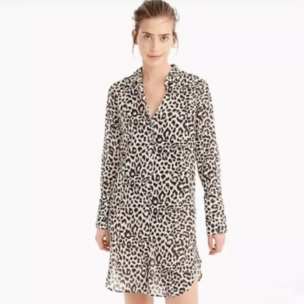 J Crew Smal  Animal Leopard Print Beach Cover Up Cotton Button Front Long Sleeve